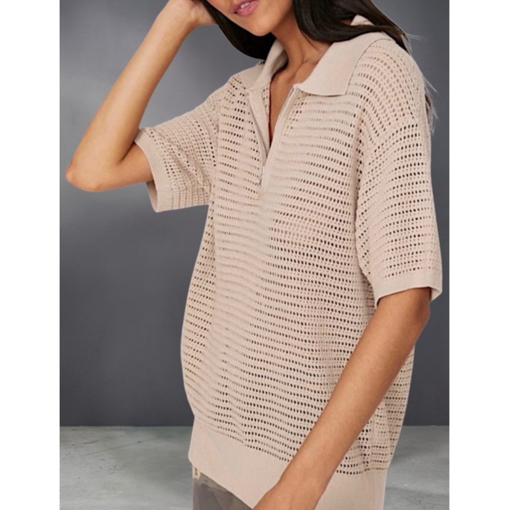 Varley 100% Cotton Open Knit Zip Polo Sweater Top Boho Preppy Baggy S